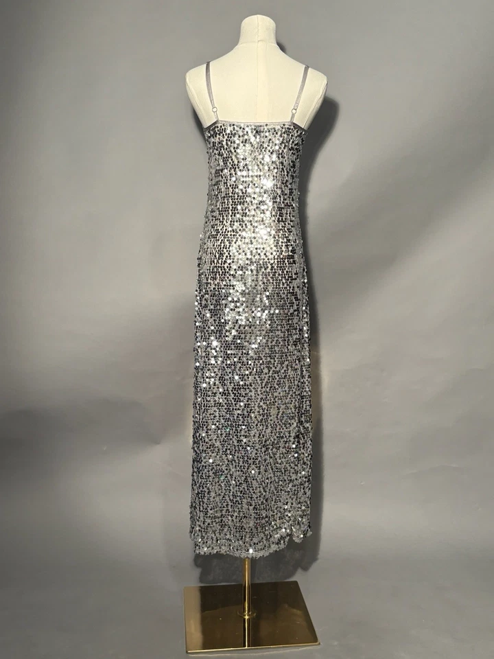 Vintage Style Size Small Silver Sequin Dress Gown Long Formal Party Cocktail - Image 3 of 4