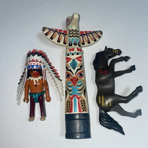 VTG Playmobil Native American Indian Chief w/ Feather Headpiece and Accessories