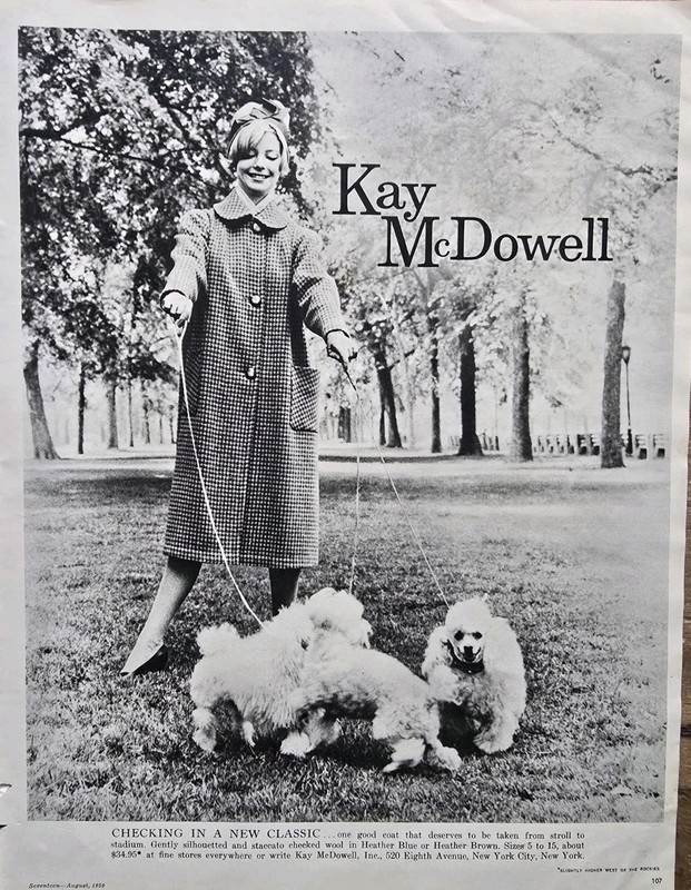 1959 Women's Kay McDowell coat white poodle dogs photo Vintage fashion Ad 