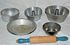 6 piece Vintage child Toy metal cake pans  wooden rolling pin EUC