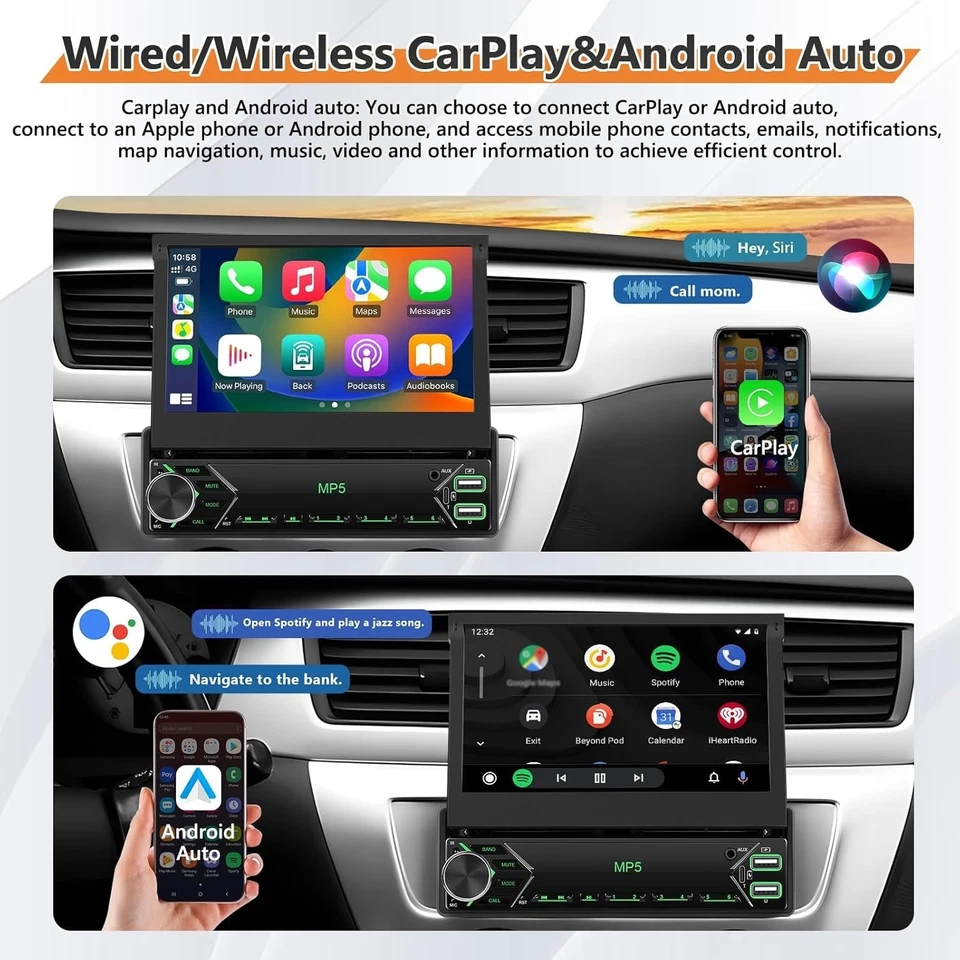 Autoradio Carplay 1 Din Schermo 7" a scomparsa Wireless Android Auto, Bluetooth - Immagine 2 di 4