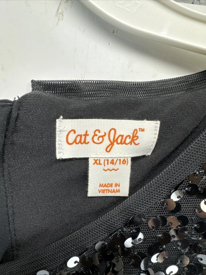 Cat & Jack Girls Black Sequin, Short Sleeve Party Dress Size XL (14/16) - Image 2 of 4
