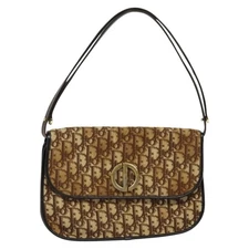 Christian Dior Trotter Canvas Shoulder Bag Brown Gold Auth 127215