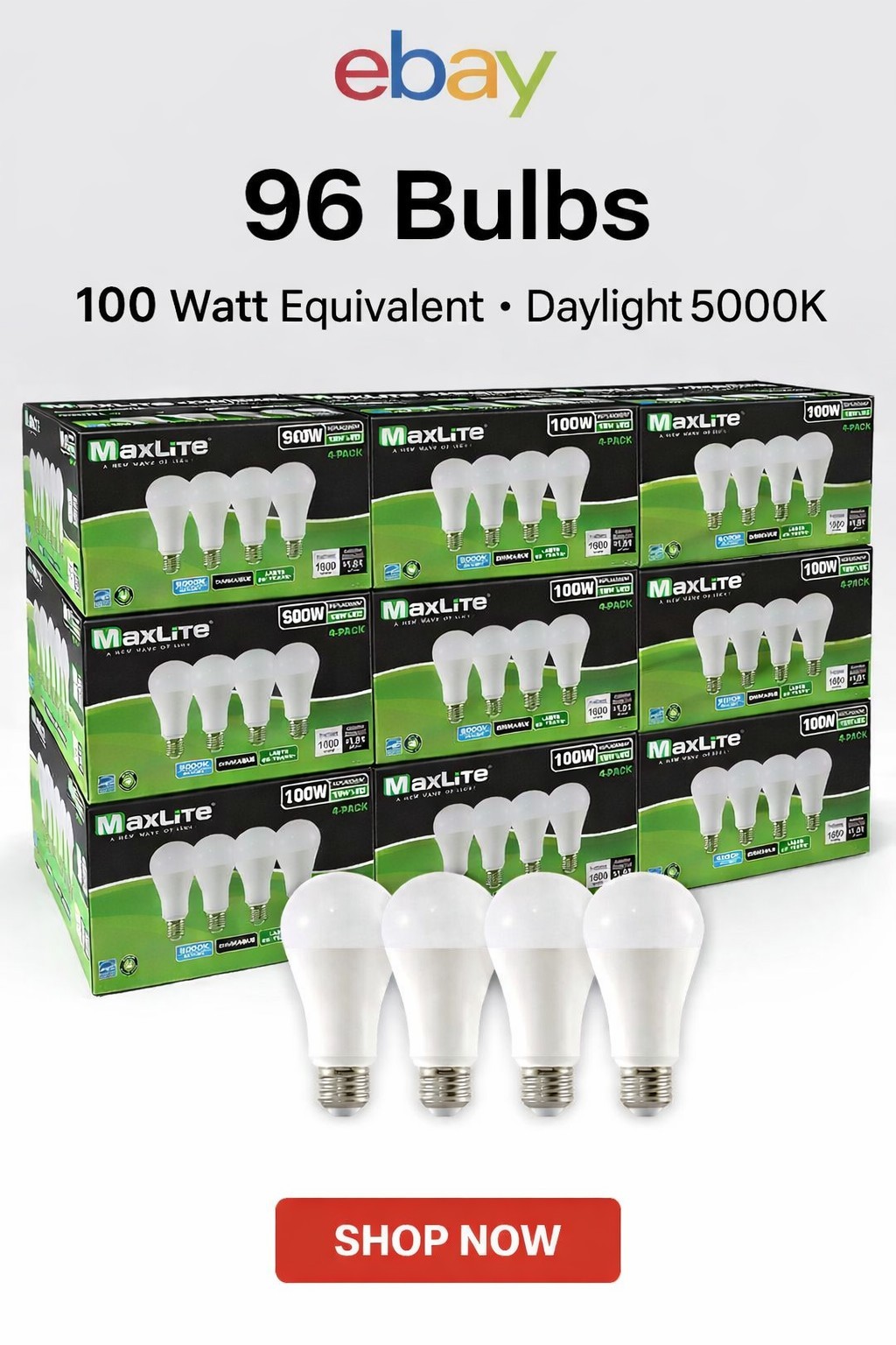 96 PACK Maxlite Dimmable LED 13W Daylight Light Bulb A19 100W replacement 5000K