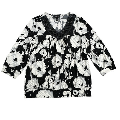 Style & Co Blouse L Black White Floral Boho Chic Embellished V-Neck Aesthetic