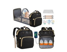Diaper Bag Backpack with Foldable Crib, USB Charging Port, Insulated Pockets
