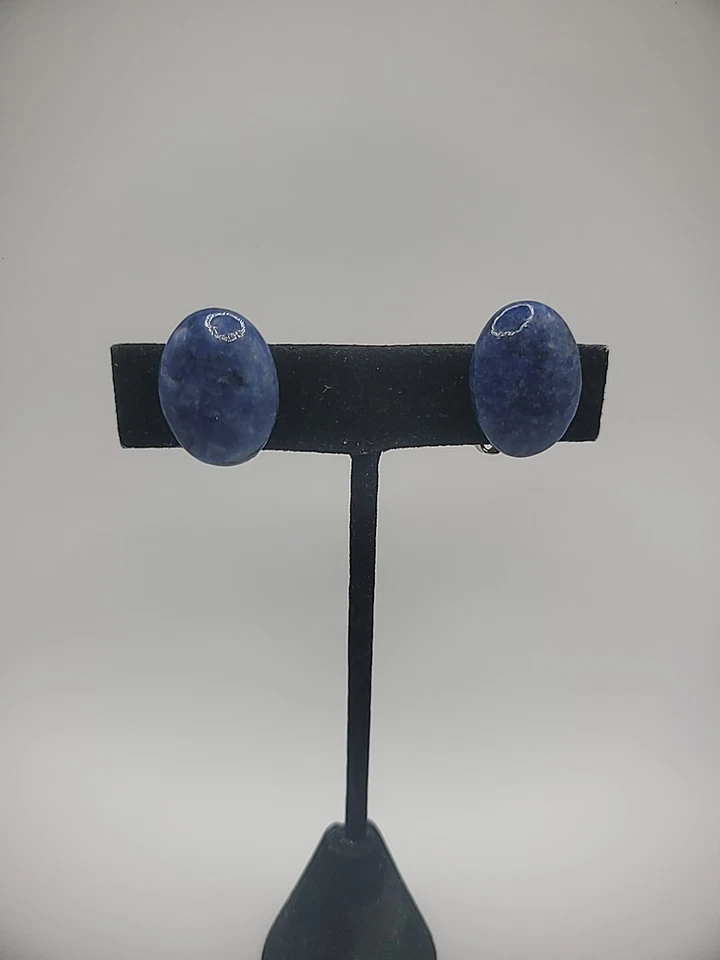 Vintage Earrings Clip On Sodalite Stone Gold Tone Jewelry Costume - Image 3 of 4