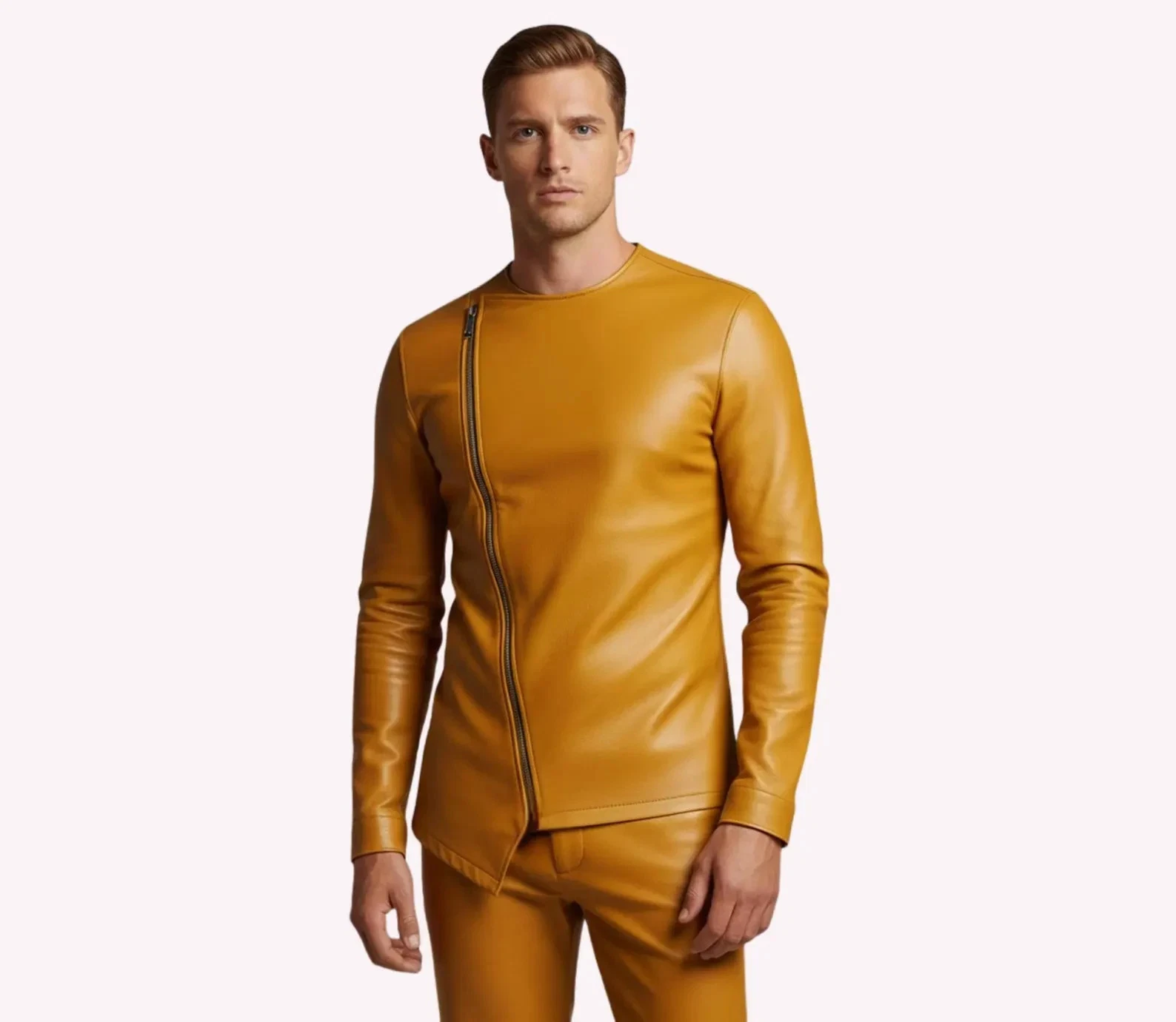Men’s Yellow Genuine Leather Shirt | Slim Fit Asymmetrical Zipper Top.
Opens in a new window or tab