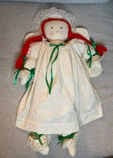 HANDMADE ANGEL Rag Doll 21" Pearl accented Wings Lace Halo Ribbon Red Braids