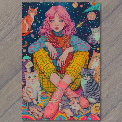 STICKER Girl Bedroom Cats Pink Red Young Animated Cute Kitty Young Crazy Lady
