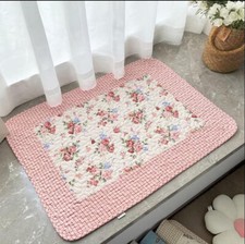 Beautiful Rose Flower Red Check Patch 100 Cotton Quilted Floor Mat Rug