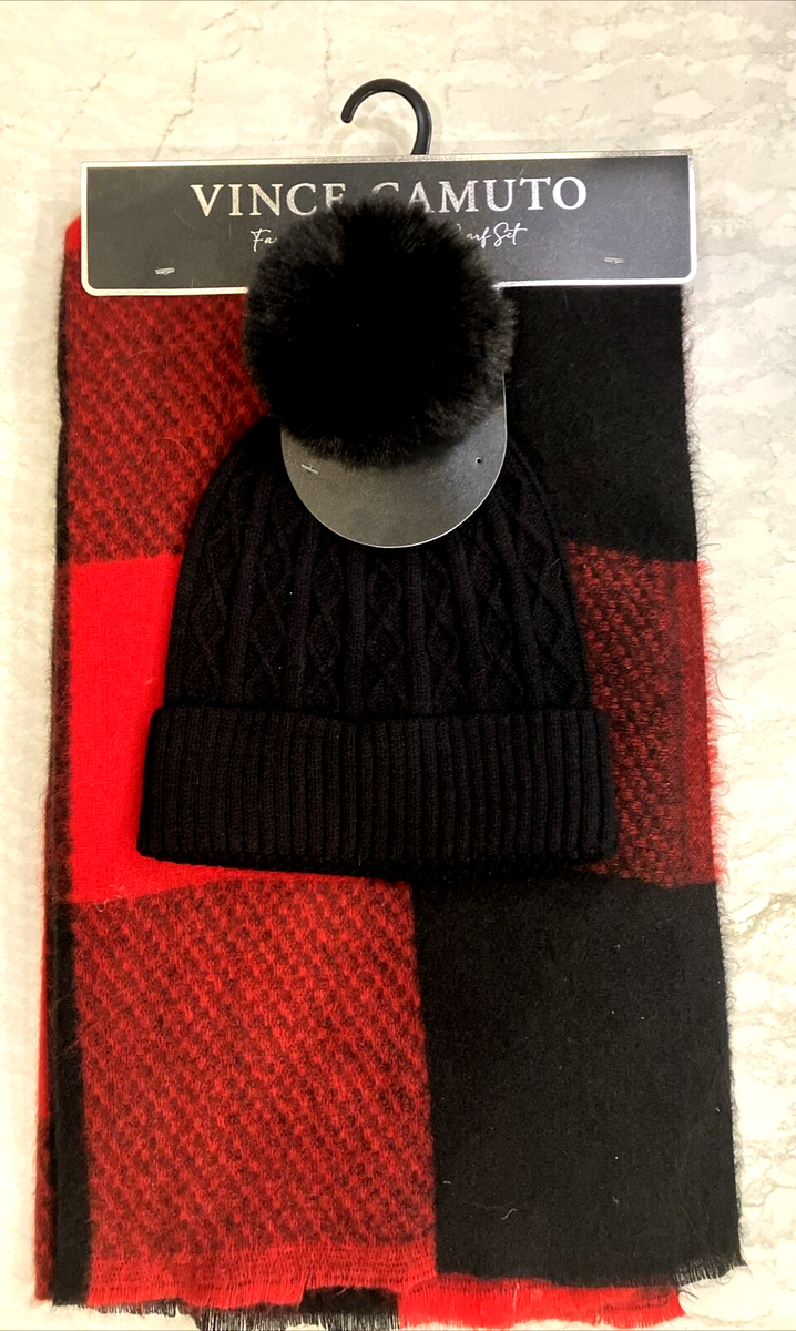 Vince Camuto Beanie Hat and Scarf Gift Set, Plaid Red Black Pc