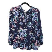 Counterparts Floral Peasant Blouse Womens XL Blue Tue Neck 3/4 Balloon Sleeve
