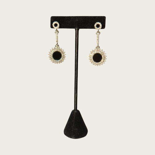 White Rhinestone Faux Onyx Sunflower Drop Earrings, 2" - Picture 4 of 4