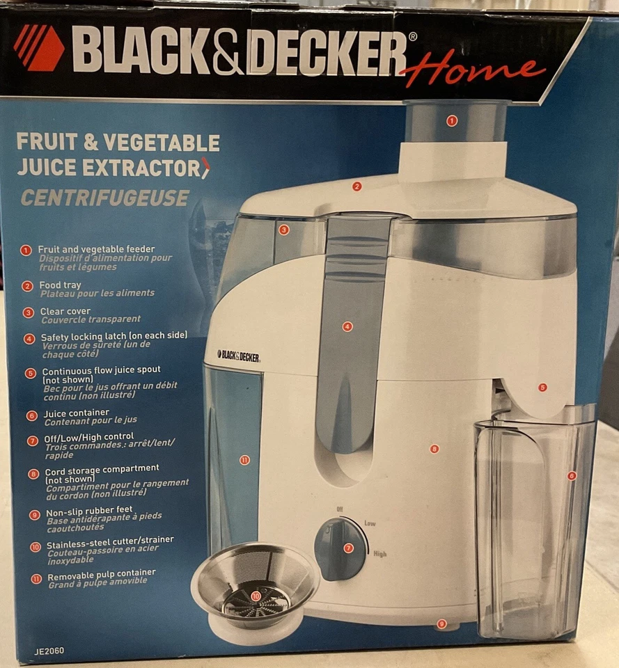 Black & Decker 家用 JE2060 电动榨汁机 白色 400 瓦 全新带盒 — 第 2/4 张图片