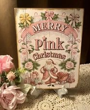 Merry Pink Christmas,  Santa, Pink Roses, Handcrafted Plaque /  Sign