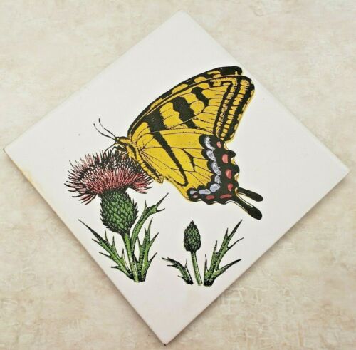 Art Tile "Custom Style Designs" Yellow Monarch Butterfly On Thistle Made USA - Afbeelding 1 van 10