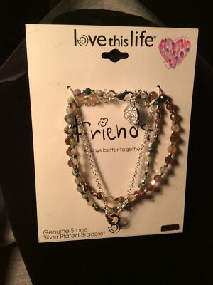 New LoveThisLife Friends Triple Strand Genuine Stone Charm Bracelet Silver Plate