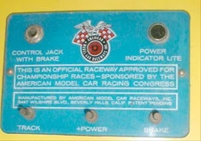 American Model Car Raceway Drivers Plug-In Station Plate Blue Back Ground 1960