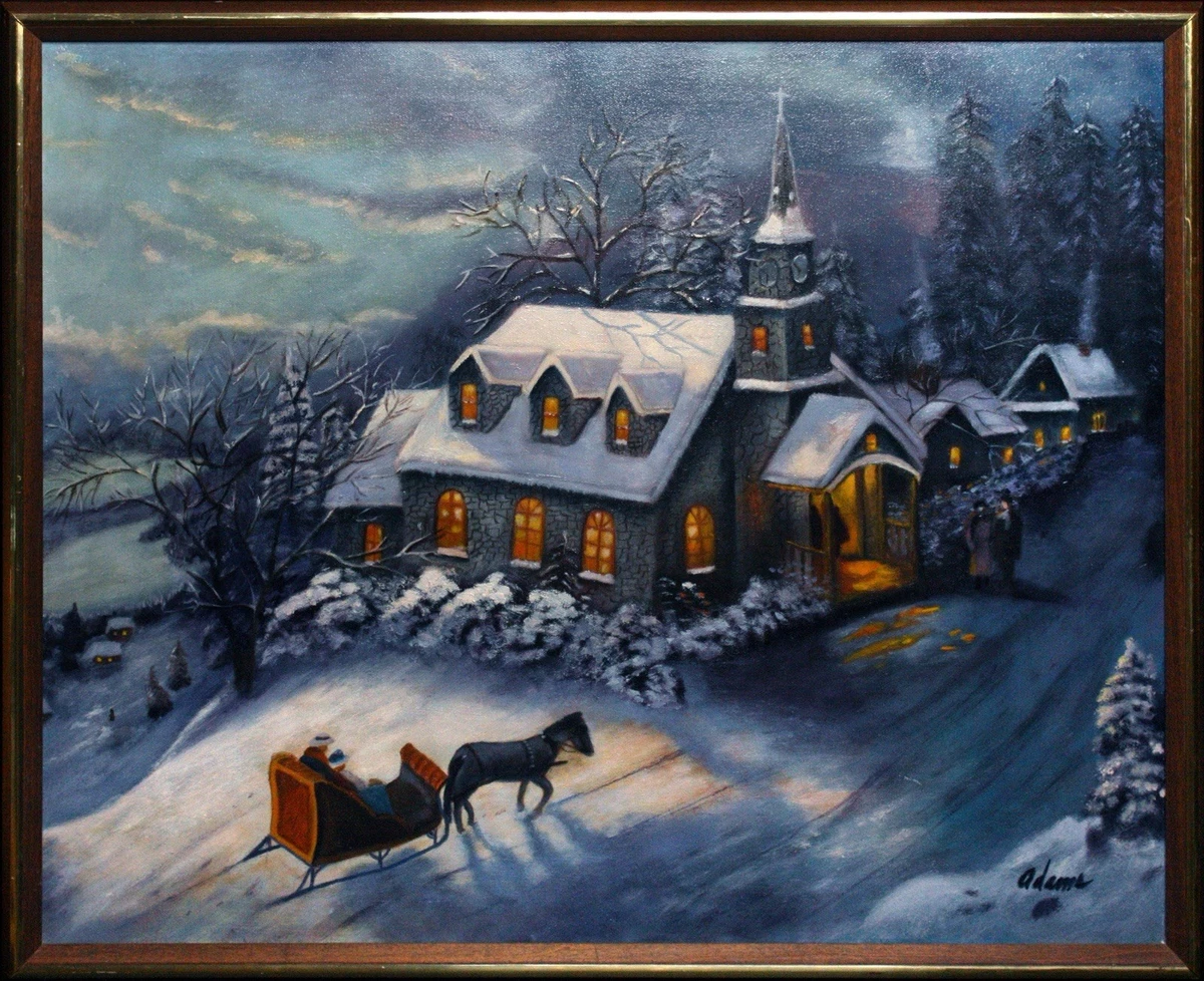 Hand painted oil painting Thomas Kinkade “Sunday Evening Sleigh