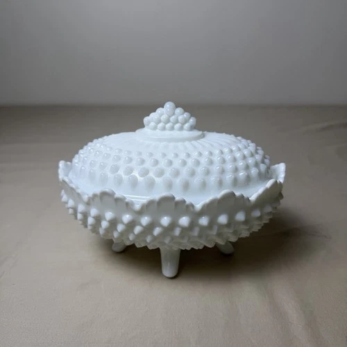 Vintage Fenton Footed White Hobnail Milk Glass Oval Lidded Covered Candy Dish