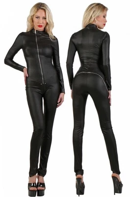 Damen Overall sexy Catsuit  Wetlook Optik Overall mit Zips - Bild 1 von 2