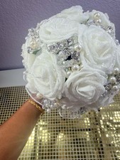 White Rose Bridal Bouquet Crystal Rhinestone Faux Pearl Wedding Brooch Bouquet