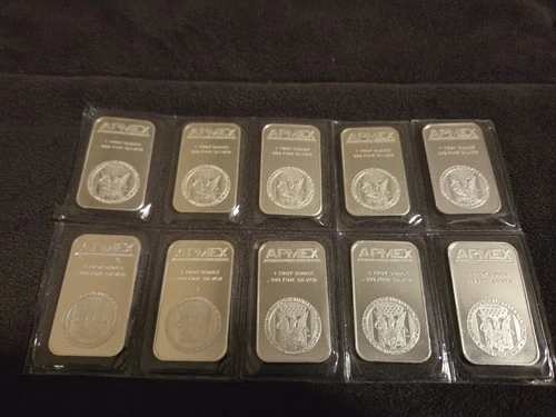 Lot Of 10  I- Ounce  Silver Bars .999 Fine Uncirculated