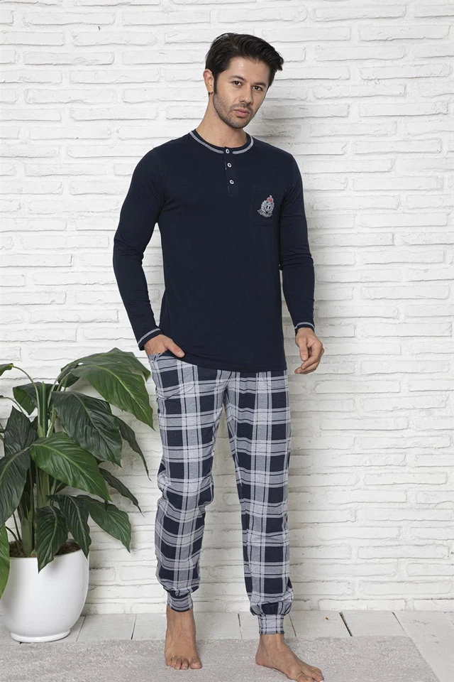 Mens Pyjamas Long Sleeve Cotton Check Sleepwear House Suit Nightwear M-5XL - Image 3 of 4