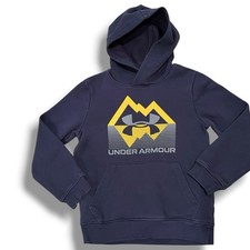 Under Armour Pullover Fleece Hoodie Boys Size S 8 Navy Yellow Mountains C3