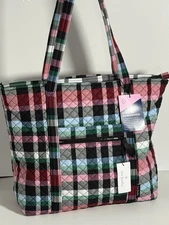 NWT Vera Bradley Cotton Tote Ribbons Plaid Print Lightweight Machine Washable