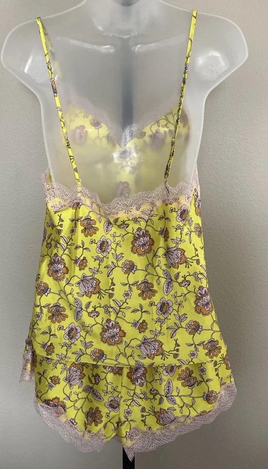 VINTAGE VICTORIA SECRET CAMI & SHORTS Yellow Pink Lace Floral Medium - Image 4 of 4