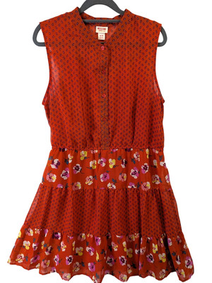 Mossimo Women  XL Orange Sleeveless Mini Dress Floral Border Print Button Front