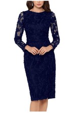 NWOT Xscape Womens Navy Blue Rosette Midi Cocktail And Party Dress 4P