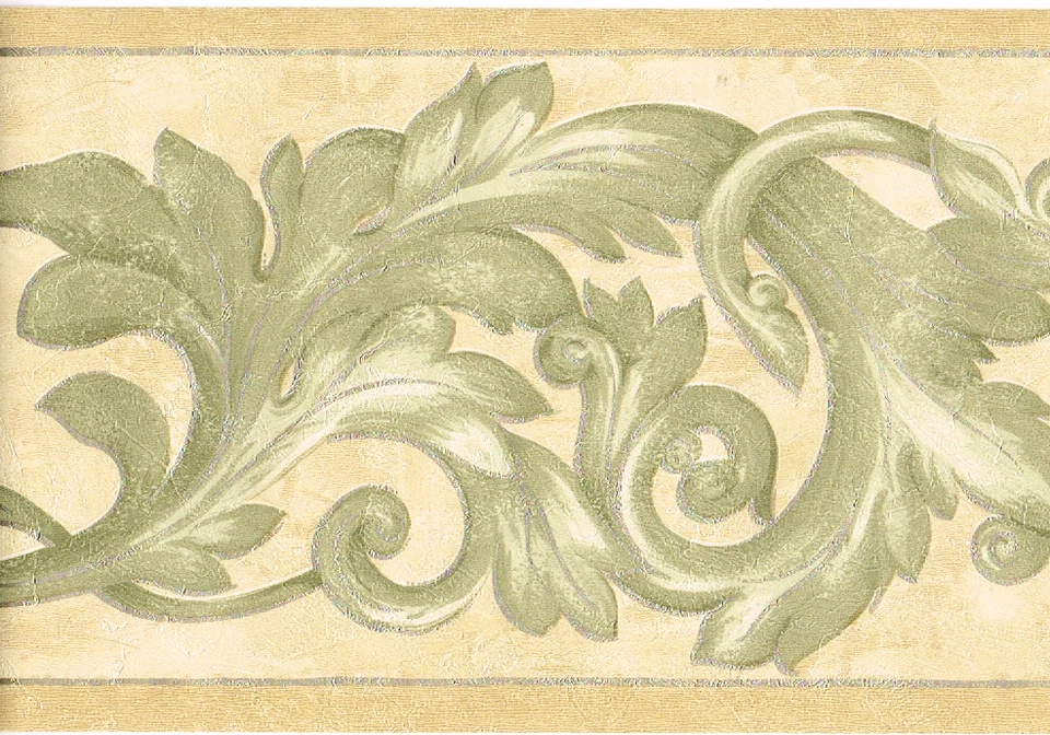 Architectural Acanthus Leaf Ornate Scroll Green Sage Gold Wall paper Border 6.8" - Image 2 of 4