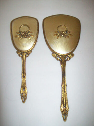 Vintage Vanity Dresser Set Hand Mirror Brush Ornate Gold Tone Flower Leaves - Afbeelding 1 van 10