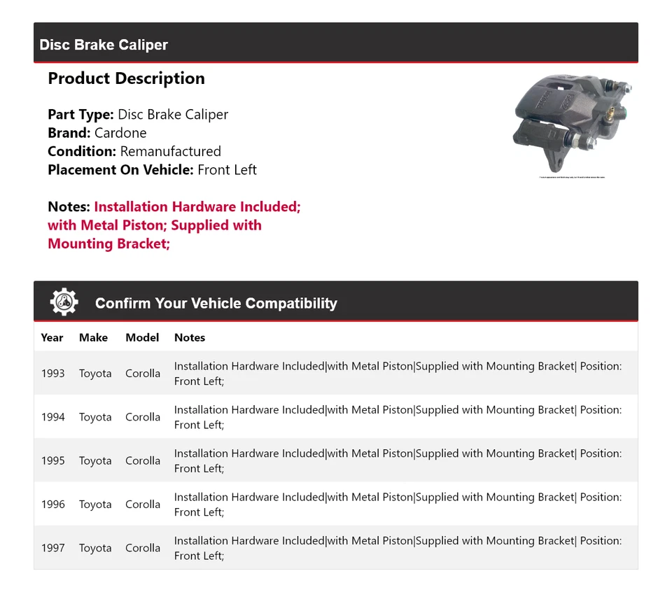Pinza de freno de disco delantera izquierda cardone 1994 1995 para Toyota Corolla 1993-1997 Foto 2 de 4