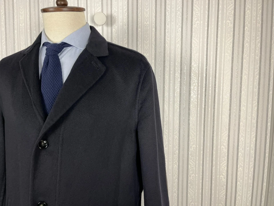Kiton Napoli Dark Blue Pure Cashmere Leather Trim Overcoat Coat 48, EU 58 - Image 4 of 4