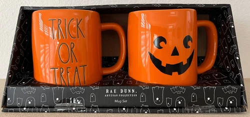Rae Dunn Artisan Collection Halloween Trick or Treat & Jack O'Lantern 2 Mug Set