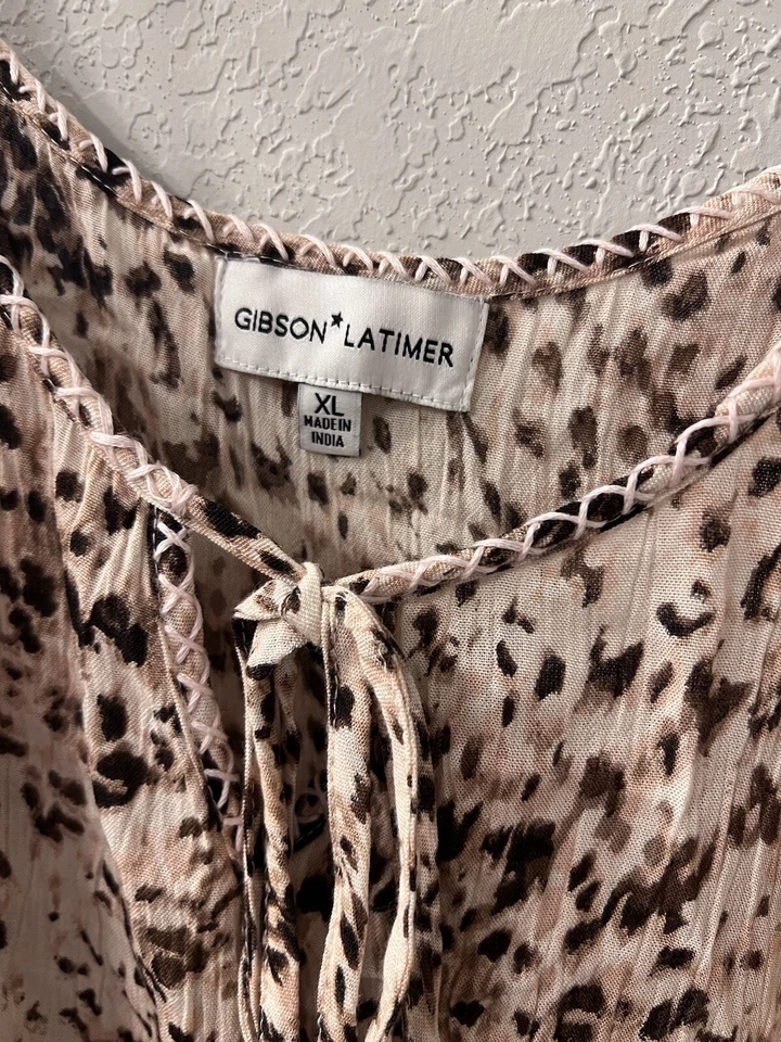 Maxi vestido sin solero Gibson Latimer para mujer con estampado animal borlas marrón tostado Foto 4 de 4