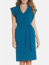 Eliza J Women's Sz 6 Ruffle Sleeve Sheath Dress Green Blue Wedding Work Holiday