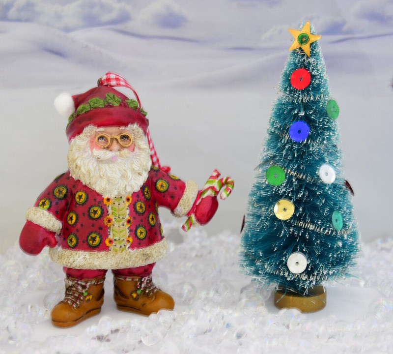 5" Bottle Brush Christmas Tree & Colorful Santa Ornament