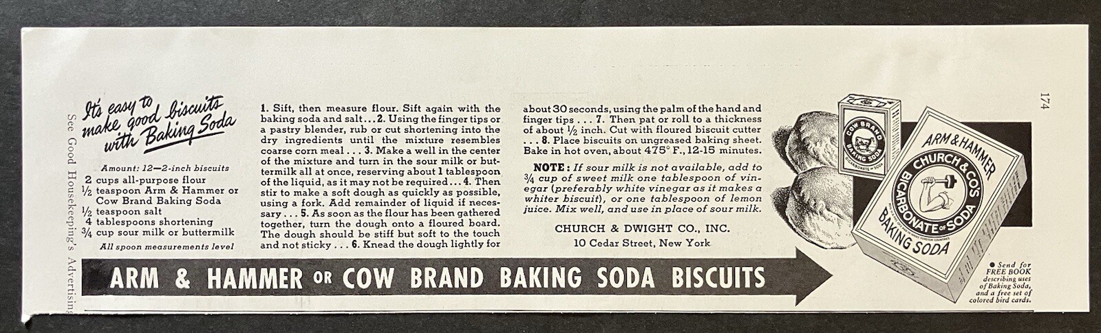 1941 Arm & Hammer or Cow Brand Baking Soda Biscuits B&W Vintage Recipe Print Ad
