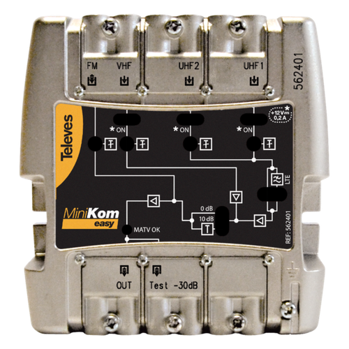 EDISION LIA-301 Binnenversterker UHF/VHF, 5-20 dB, verstelbaar, 98 dBmV, voor digitale terrestrische DVB-T/T2, met 5G LTE-filter, 1 ingang, 3 uitgangen, CEI-stekker