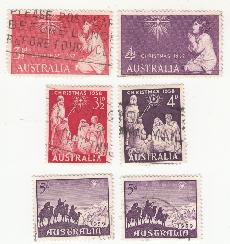 AUSTRALIA 1957-59 Spirit of Christmas, Adoration of Christ. Sc# 307, 312-13, 334