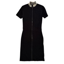 Michael Kors Black Ribbed Knit Logo Mock Neck Zip Front Bodycon Dress Small