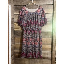 Boho Geometric Ikat Print Elastic Waist Short Sleeve Blouson Dress Multi-Color