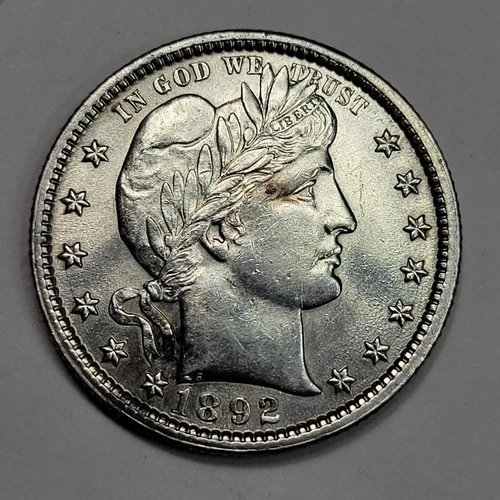 1892 25c Barber Quarter Blazing Luster Gem AU+ PQ Type Coin Nice *M285