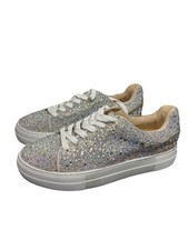 Betsey Johnson Women's 8.5 Rhinestone Platform Sneakers White LaceUp Sparkle