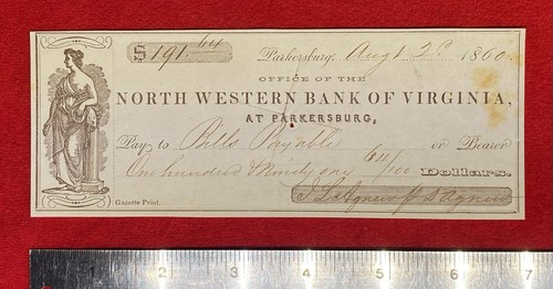 1860 *NORTH WESTERN BANK OF VIRGINIA* PARKERSBURG, VA BANK CHECK+VIGNETTE! RARE! - Picture 2 of 14